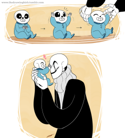 paychiri:  thedrawingbirb:  I’m just…going to keep drawing dadster…now with babybones!Sans.  I keep making Gaster cute goshdangit  Yes!!!!   dawww~ &lt;3