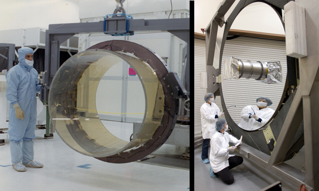 On the left, a technician stands next to a cylinder-shaped mirror designed for X-ray astronomy. The mirror is held in a frame a little off the ground, and is about as tall as the technician. On the right, two technicians inspect a round mirror for optical astronomy.