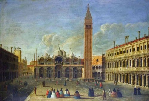 Apollonio Domenichini (1715 - 1770)Venice, a view of the Basilica and Piazza San Marco with elegant 