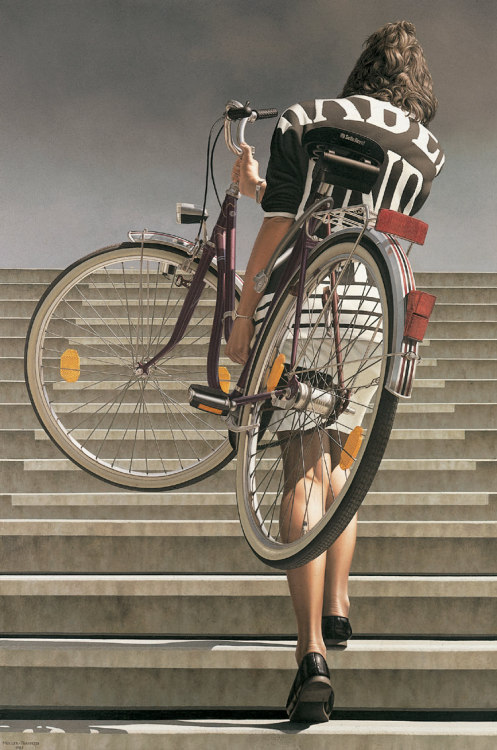 Woman with a Bicycle II   -   Max Baris , 1989.Dutch, b.1945-Acrylic and oil on canvas, 120 x 80 cm 