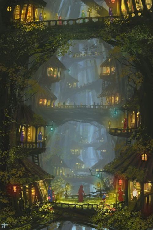 elvenforestworld: Tree village by Josh Hutchinson