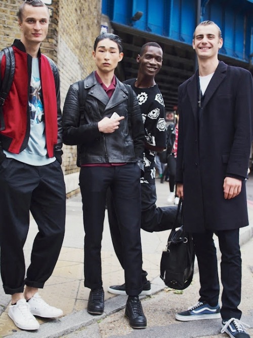 damplaundry:  Almantas Petkunas, Sang Woo Kim, Adonis Bosso, Ben Allen at LCM S/S 2016 by Paul Gonzales  gayness goals