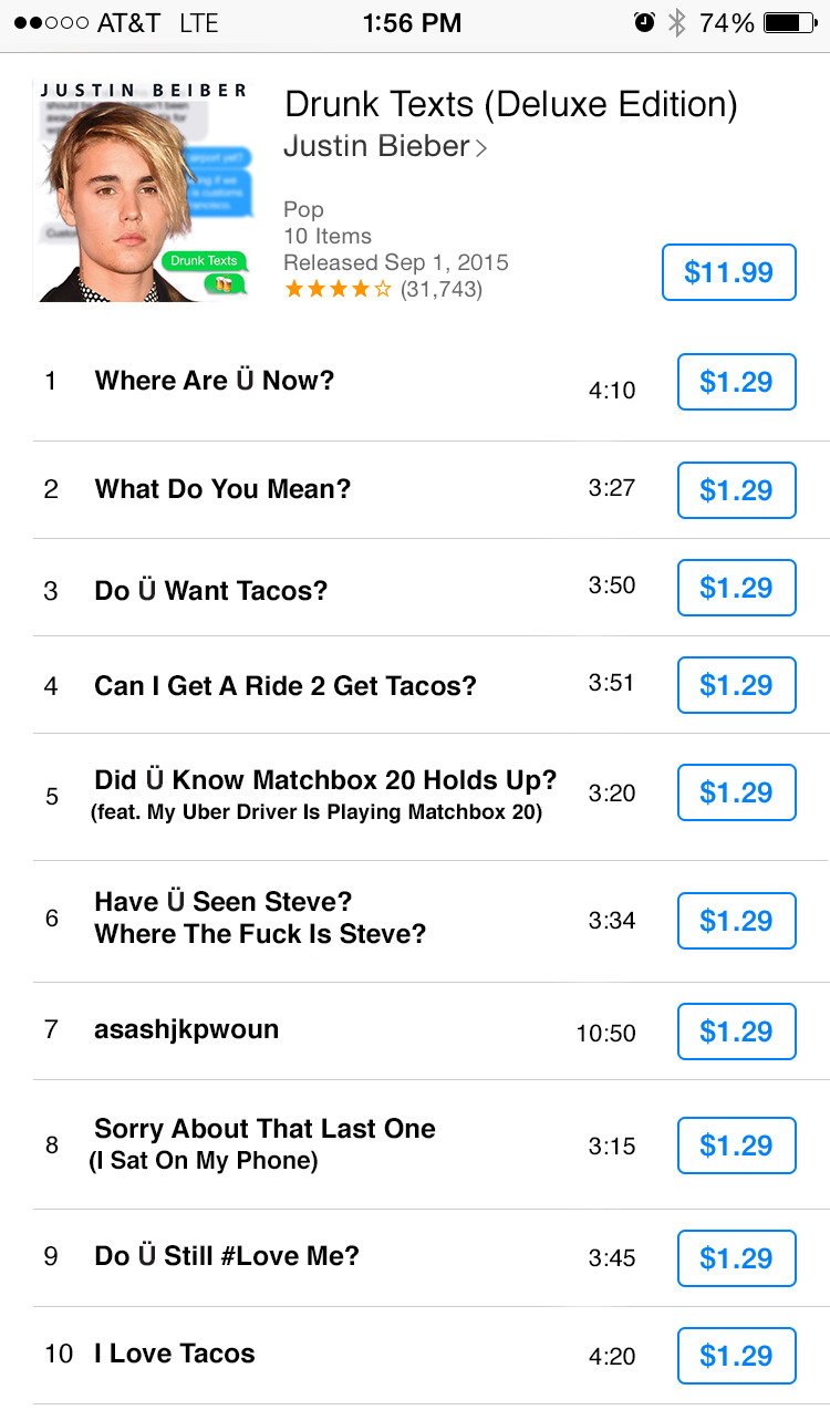 The track list for Justin Bieber’s new album is just a series of drunk texts.