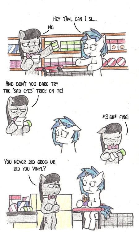 conspicuouslad:  epicbroniestime:  Shopping with Vinyl by ~bobthedalek  And then the cart flipped because the weight is not evenly distributed.  X3!