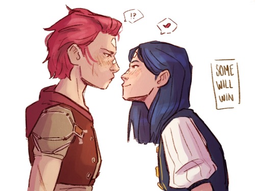a piece of Arcane fan art by @somewillwin. Shows young Vi and young Cait in profile. Vi is squaring up to Cait, her face hard. Cait is leaning in, smiling, looking, as always, at Vi's lips