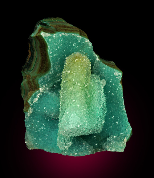 Chrysocolla covering the front side of a matrix with a finger of chrysocolla covered in drusy quartz