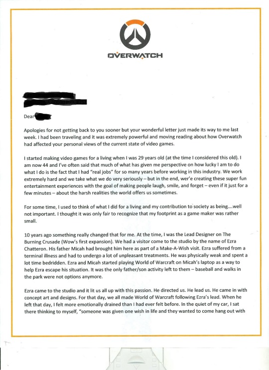 So I wrote a letter to Jeff Kaplan, and today in the mail I got a response back...