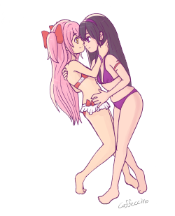 Madoka being seduced by her devil girlfriend.  Madoka plays along with Homura trying to act cool, but she knows that a cheek rub, a butt bump, a little nibble on her nose, or any cute little thing Madoka is probably an expert at will make Homura melt