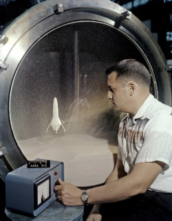 humanoidhistory: June 23, 1960 – A researcher works with the moon dust simulator in the 8-by-6-foot Supersonic Wind Tunnel facility at NASA’s Lewis Research Center.