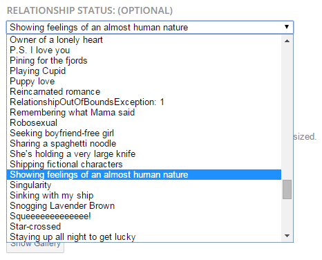 dumbass-bitch-disease:  imascoldasiceascoldasicecanbe: fano-tastic:  marshmellowtea:  high-metafive:  so i made and account on tv tropes and it asked for my relationship status i went over and was about to put in “single” or “it’s complicated”
