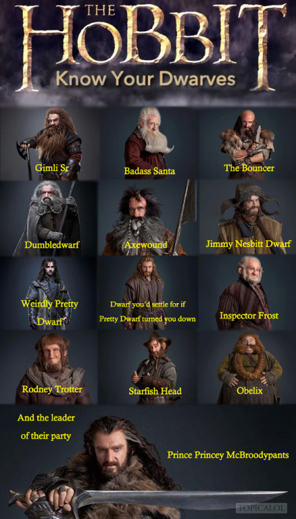 acrimoniousrex:  arya-starkles:  aidanturnerfrustration:  erebor-or-bust:  papune:  A Guide To Dwarves In ‘The Hobbit’  Shockingly accurate.  *cries with laughter*  “dwarf you’d settle for if pretty dwarf turned you down…” this fandom… 