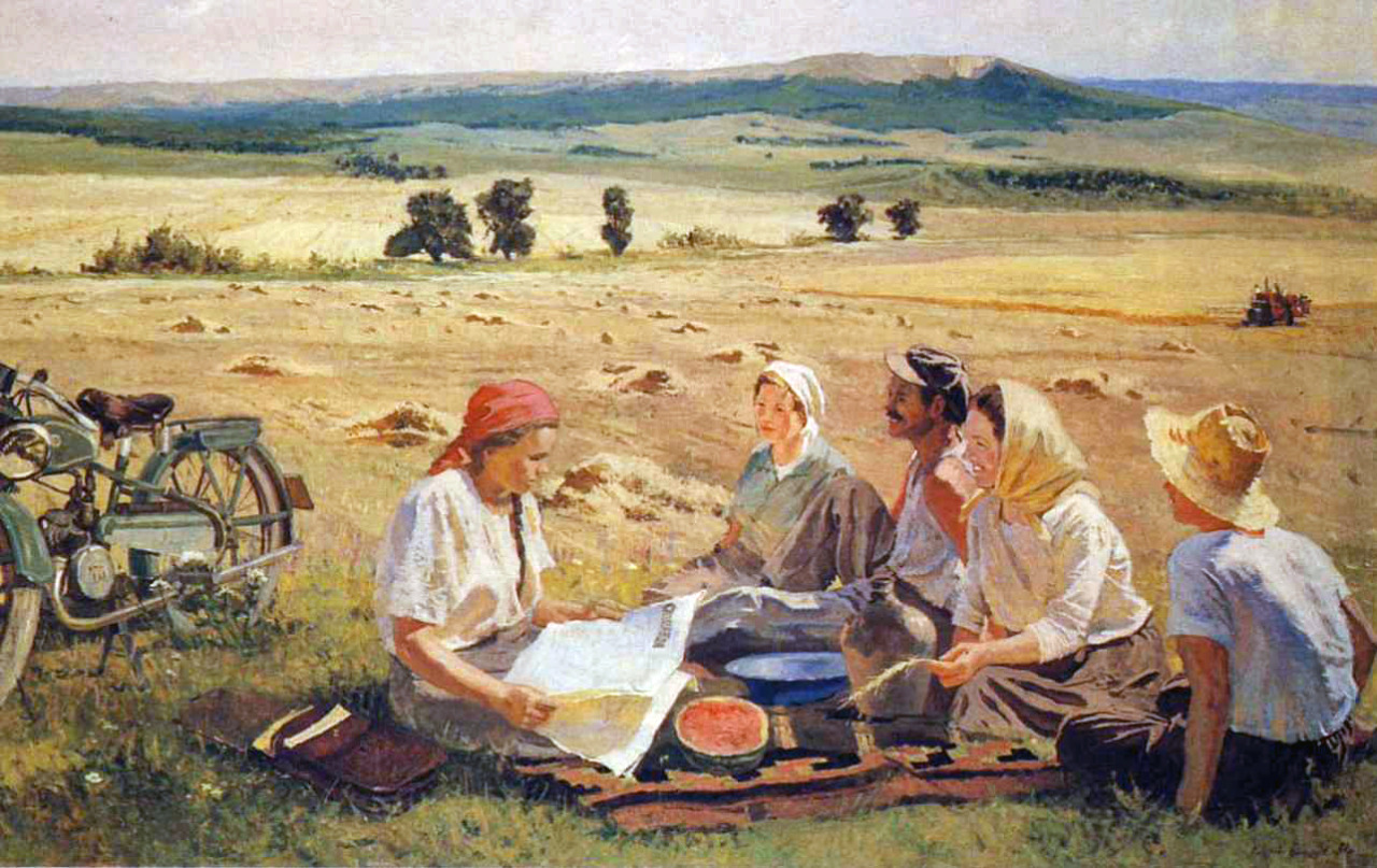 They Are Writing About Us In Pravda, by Aleksei Vasilev (1951).
Norman Davies writes of this heartwarming depiction of Moldovan peasant life:
“This is hardly great art. But the technique is competent; and the effect is pleasant to the eye. Without...