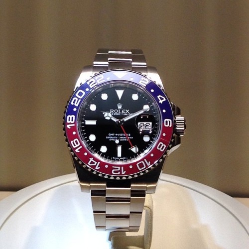 Your very first look at the new white gold #Rolex GMT Master II with Pepsi bezel from @baselworld2014. More coming soon!