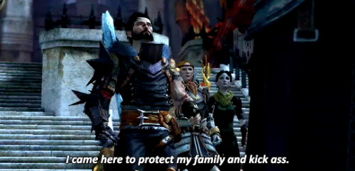 incorrectdragonage:submitted by @andrewserkisHawke: I came here to protect my family and kick ass.Ha