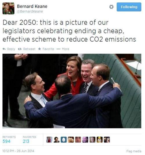  The lower house just passed a repeal of the “Carbon Tax”. Which is essentially a fixed price on carbon. The current government is made up of climate skeptics and are close with big mining in Australia. They pushed it through as being terrible