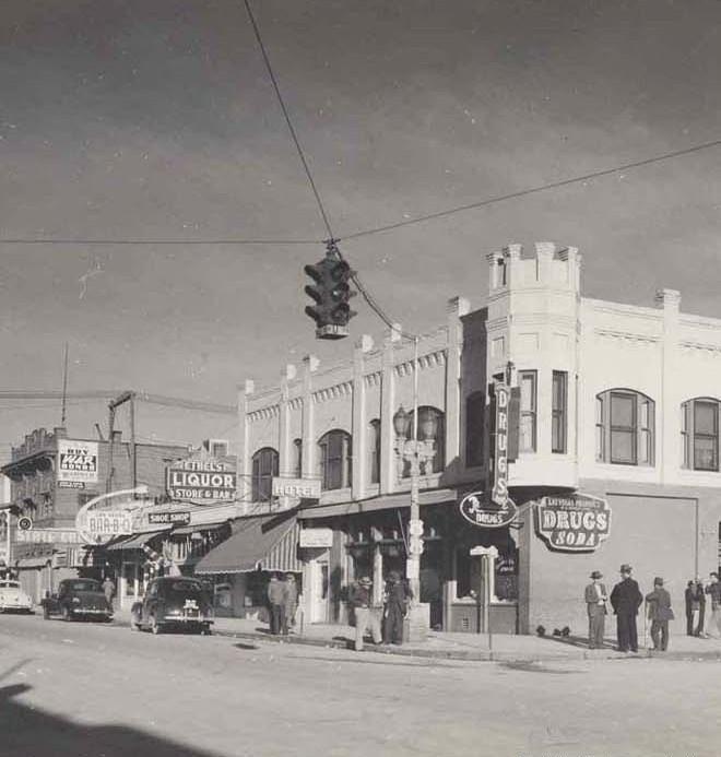 Fremont & 1st, Las Vegas, c. 1943 (could be ‘42–‘45)
Buy War Bonds painted on 18 Fremont St; State Cafe, Las Vegas BBQ, Ethel’s Liquor, and Las Vegas Pharmacy. The upstairs portion of the pharmacy building was the Oak Hotel from the 20s to ‘42, then...