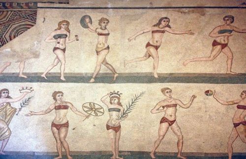 historyarchaeologyartefacts:Roman Women Playing Sports and Excercising. Floor mosaic from Villa Roma