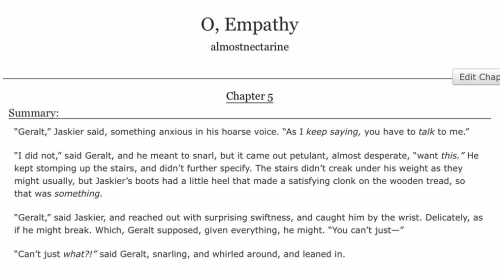 Chapter 5 of geralt/jaskier bodyswap romcom is up! this was a VERY fun chapter and I can’t wai