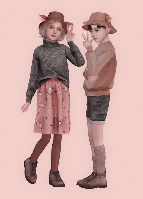 Child LookbookHat/BootsErin: Sweater&Skirt/Tights/PoseEmon: Sweater/Shorts/Socks/Pose