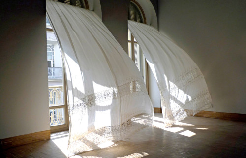 allthedaysordained:Melancholia in ArcadiaGabriel Lester2011, lace curtains, textile hardenerSALT, Is