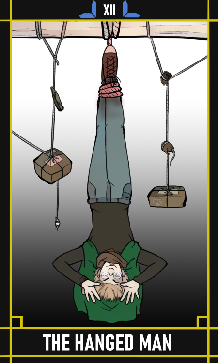 XII - The Hanged Man (Pavel Zubov) by @rcbirdy[id: a tarot card depicting Pavel Zubov was ‘XII - The
