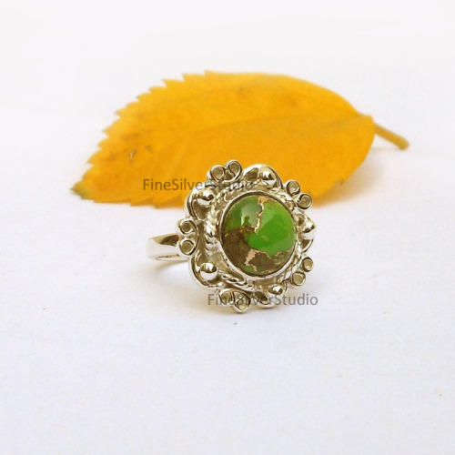  Designer 10mm Round Green Copper Turquoise Ring by #finesilverstudiovisit at us -  www.finesilverst