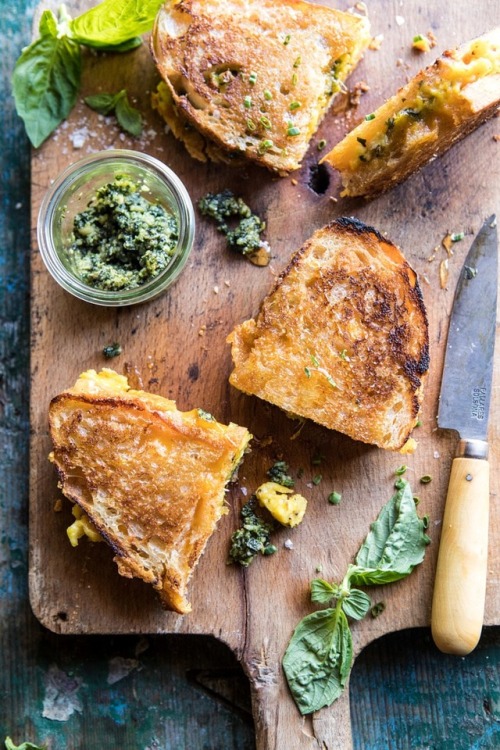 savorytoothgirl:breakfast grilled cheese with soft scrambled eggs and pesto