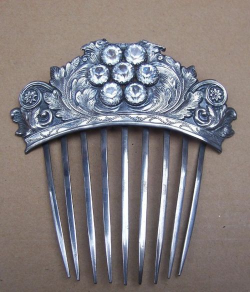 Antique Hair Comb Early Victorian Renaissance Style Repousee Silver with Faceted Pastes (rubylane.co