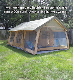 brangadang:  blackumi:  molotowcocktease:  midnightrainbow:  bayarealibertarian:  docmancain:  mossyoakswampdonkey:  fivefingers-through-fire:  curvykellylane:  Ok, I could consider camping in a tent like this.  That’s a huge tent.  Thats like an 8-12