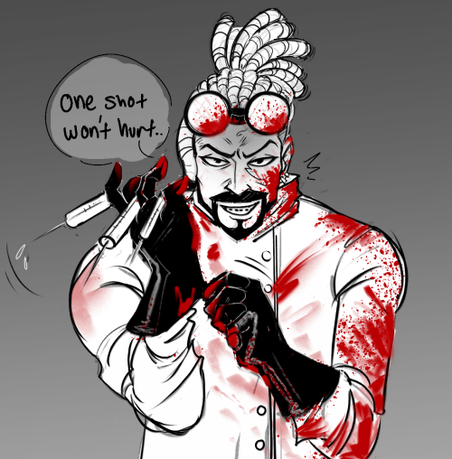 MORE SCIENTIST FRYLOCK PELASE?????? COVERED IN BLOOD, HOLDING BIGGASS SYRINGES, SCARY AS HELL IDK BUT