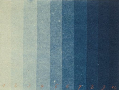 horizontaldrawing:a cyanotype of the tonal spectrum, made circa 1880 by eugène dumoulin