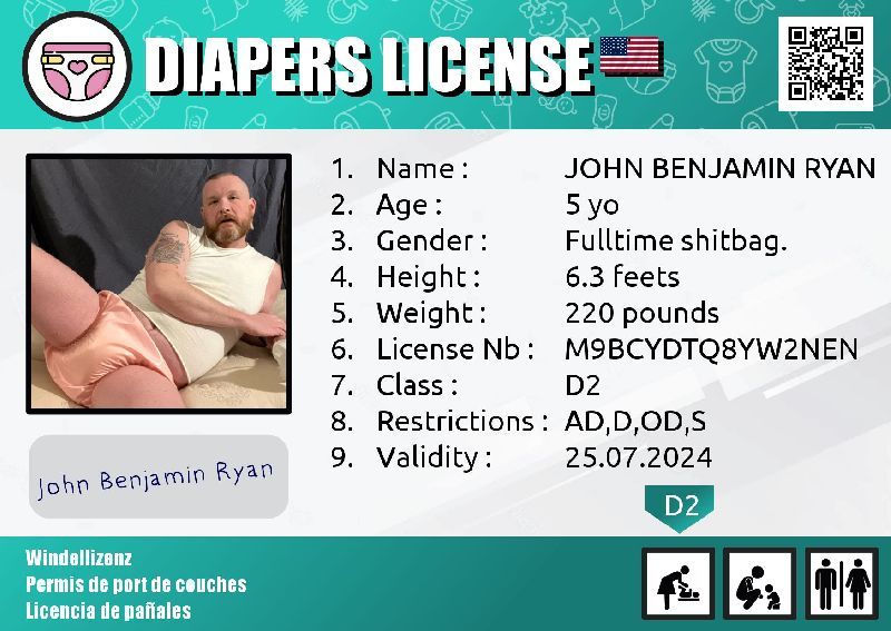JOHN BENJAMIN RYAN - License number M9BCYDTQ8YW2NEN | Diaper/Potty License Generator