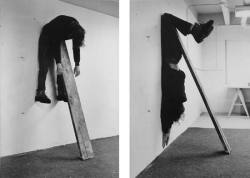 analghesic:  Plank Piece, 1973 Charles Ray “Ray was part of a wave of artists during the 1970s who addressed sculpture as an activity rather than as an object. In the iconic two-part photographic work Plank Piece the artist documents the use of his
