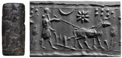 fishstickmonkey:  Man Prodding Ox Pulling Plow, Astral Symbol AboveCylinder seal and impressionMesopotamia, Neo-Assyrian period (ca.1049–609 B.C.)Serpentine The Morgan Library &amp; Museum