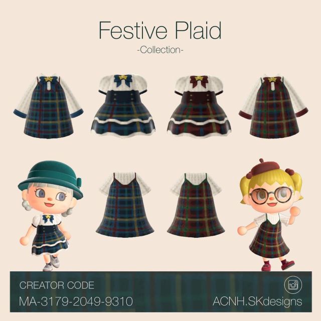 festive plaid collection ✿ by acnh.skdesigns on ig #acnh#acnh design #acnh custom design #acnh pattern#animal crossing#type: coat #long sleeve dress #dress#clothes #type: balloon hem dress  #short sleeve dress  #type: short sleeve dress #pinafore dress#brown#blue#dark colors#celestial