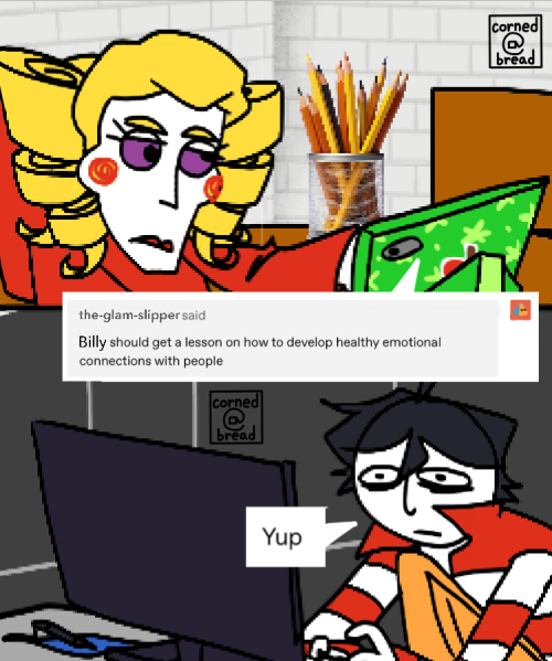 P.1 Mrs. Pomp typing a Tumblr ask on her green tablet, there is an arm sticking out of the red shoe. She is mildly frowning. The Tumblr ask is submitted user, “the-glam-slipper” and says, “Billy should get a lesson on how to develop healthy emotional connections with people.” P.2 Joe is reacting to the ask on his computer in a dark room, his face is his usual squinted eyes look with no legible emotion. He types a response, “Yup.”