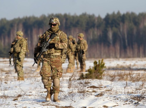 militaryarmament:  Lightning Troop, 3rd Squadron, 2nd Cavalry Regiment get to know the Soldiers and equipment of the Algirdas Battalion, Iron Wolf Brigade, Lithuanian land forces at Rukla, Lithuania, Feb. 2, 2015.