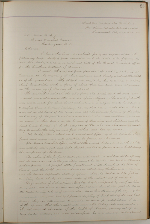 todaysdocument:  Quantrill’s Raid, aka the Lawrence Massacre 150 years ago on the morning of Friday, August 21, 1863, William Quantrill and 300 Confederate guerrillas descended upon the quiet town of Lawrence, Kansas.  This letter contains a firsthand