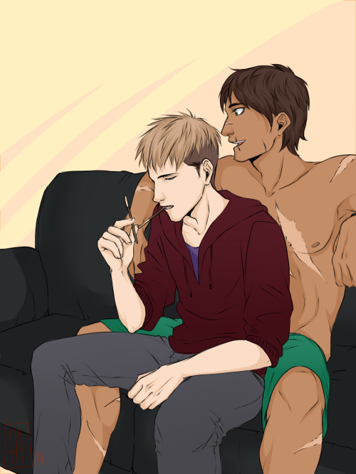 hachidraws:   later on Jean finds out Eren secretly told Marco about the ‘pocky game’ and Marco kind of ran with the idea…. both of them got fwumped with pillows  Soooo I did as a ways to celebrate Deb’s birthday! It’s been lovely getting to