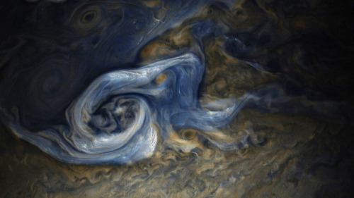 Jovian Tempest: This color-enhanced image of a massive, raging storm in Jupiter’s northern hem