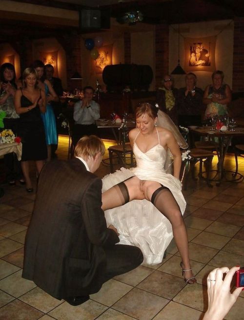carelessinpublic:Bride in a wedding dress showing her pussy to her husband in public