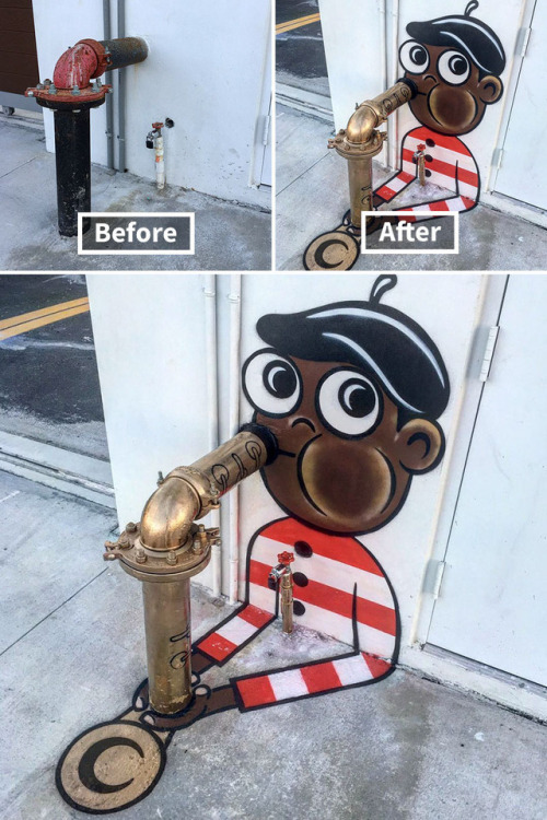 genatrius:  fluffy-critter:   edensmidian:  pr1nceshawn:    Street Art: Before & After.  I love these…..  Chaotic Good   My favorite part is that these are going to be someone’s neighborhood landmarks. “Turn left at the saxaphone player,”