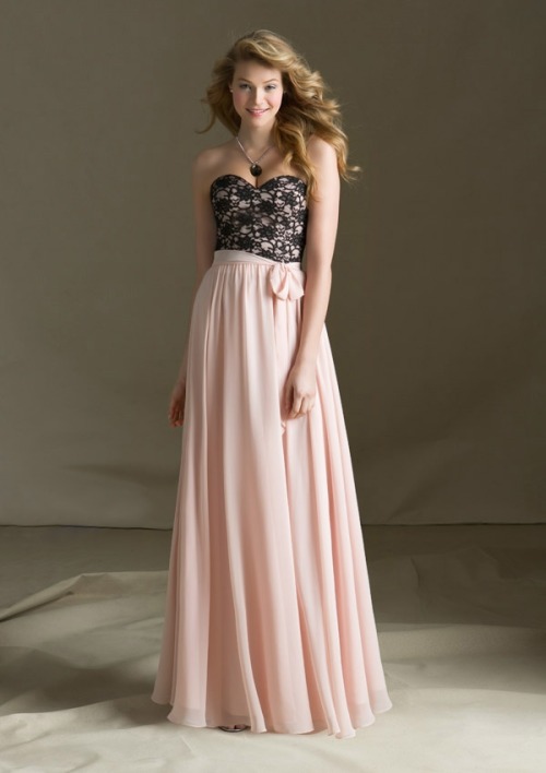 Black Lace Two-tone Strapless Sweetheart Long Bridesmaid Dress