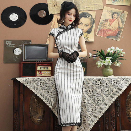 qipaocheongsam: White Striped Qipao / Cheongsam Party Dress with Lace Trim