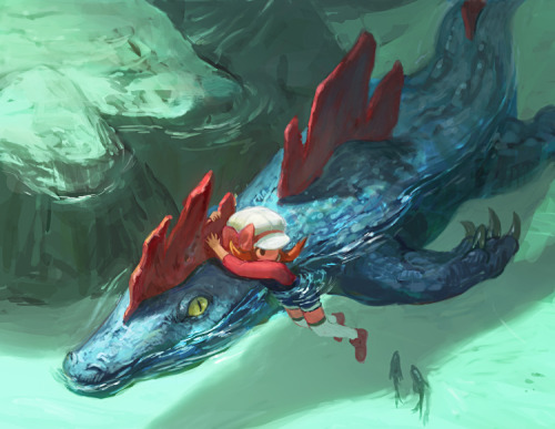 pokemongeographic:  by ユザ I like how cute and simplified Lyra is next to that Feraligatr and background 
