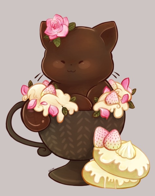 Another Teacat-Black tea with cream, roses, chocolate mint, pink strawberries, &amp; matcha