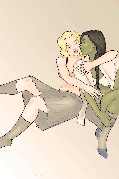 ruebella-b:For tee-face who requested Elphaba / Glinda (Wicked! Musical), I dunno maybe risque but n