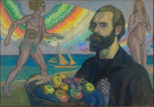pinkstarlightcomputer:Leon Wyczolkowski, Self-portrait by the Sea with a Basket of Fruit (1918)errat