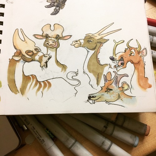 I had some fun doodlin Miocene not-deer last night Bc heyNot-reptiles are cool too Pictured are 3 pr
