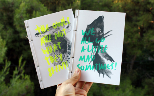 “I’m not a hipster” notebooks with fluorescent inks neatly printed and stitched by Dylsectic.